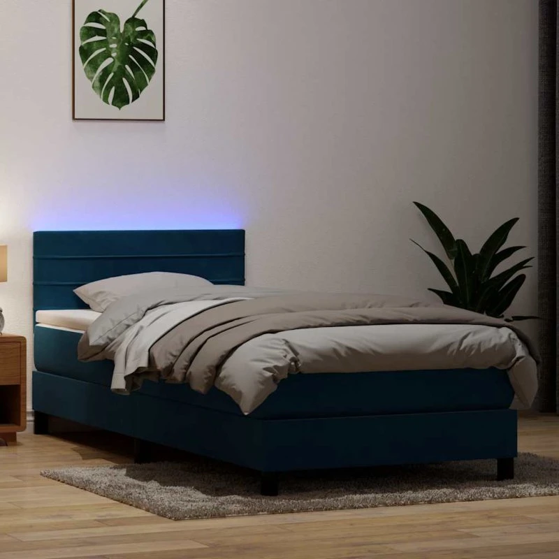 vidaXL Kontinentalseng 80x220 cm mørkeblå fløjl med LED-lys og pocketfjedre