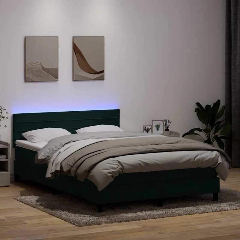 vidaXL Kontinentalseng 160x220 cm fløjl mørkegrøn med LED-lys og pocketfjedremadras