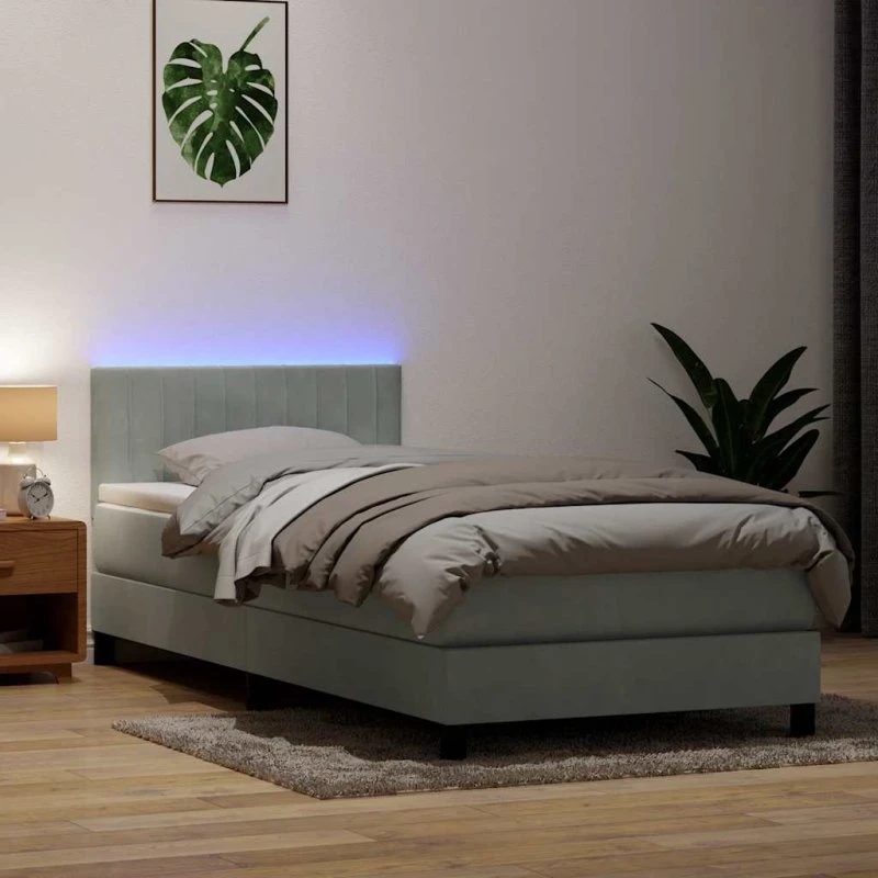 vidaXL Kontinentalseng 90x210 cm lysegrå fløjl med LED-lys og pocketfjedremadras