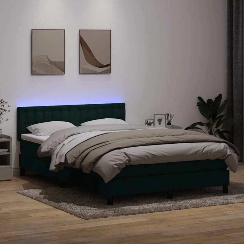 vidaXL Kontinentalseng 160x220 cm fløjl mørkegrøn med LED-lys og pocketfjedremadras