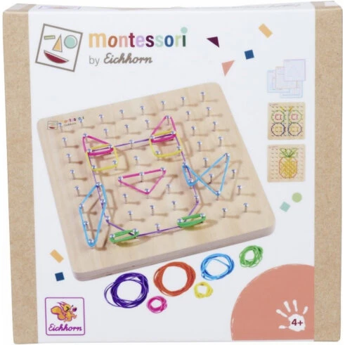 Montessori Geo Board 18x18 cm – 64 søm, 60 farvede elastikker