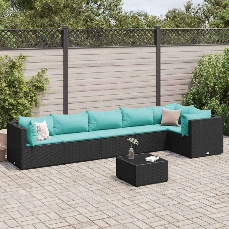 vidaXL 7-delssæt med hynder i polyrattan, sort