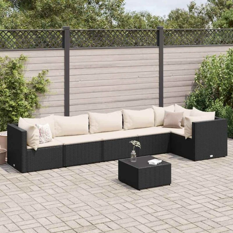 vidaXL 7-deligt loungesæt med hynder, polyrattan, sort