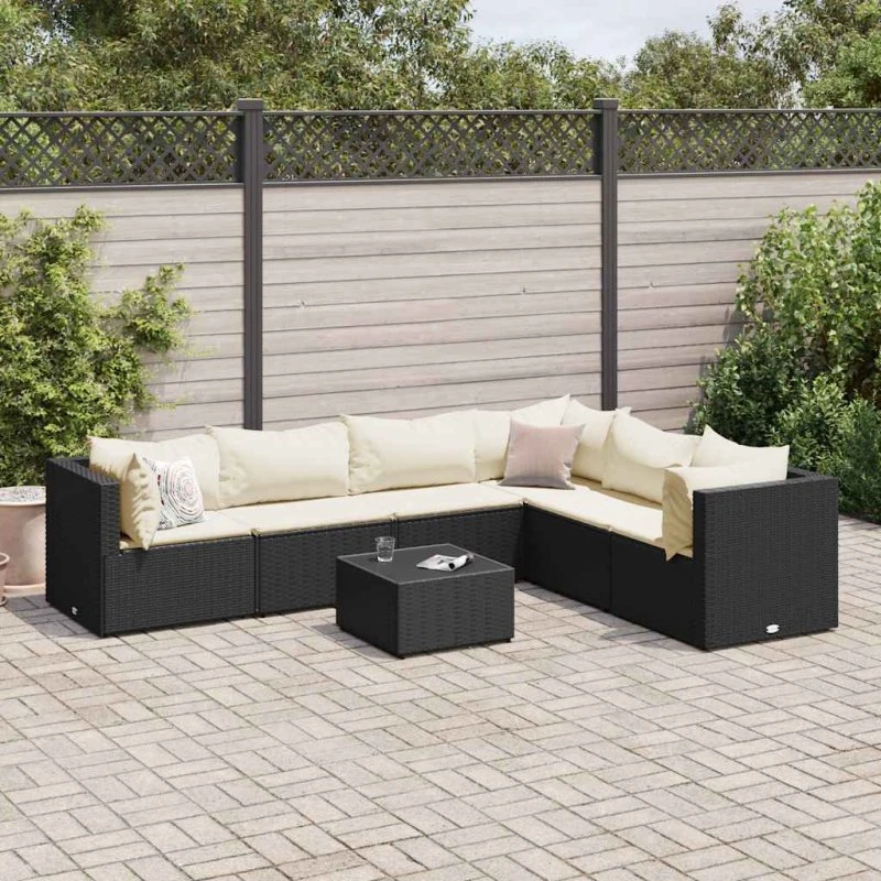 vidaXL 7-delssæt med hynder, polyrattan, sort
