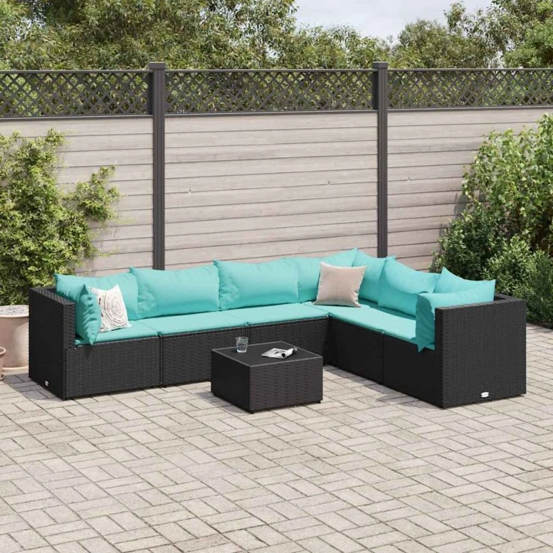 vidaXL 7-delssæt med hynder i polyrattan sort