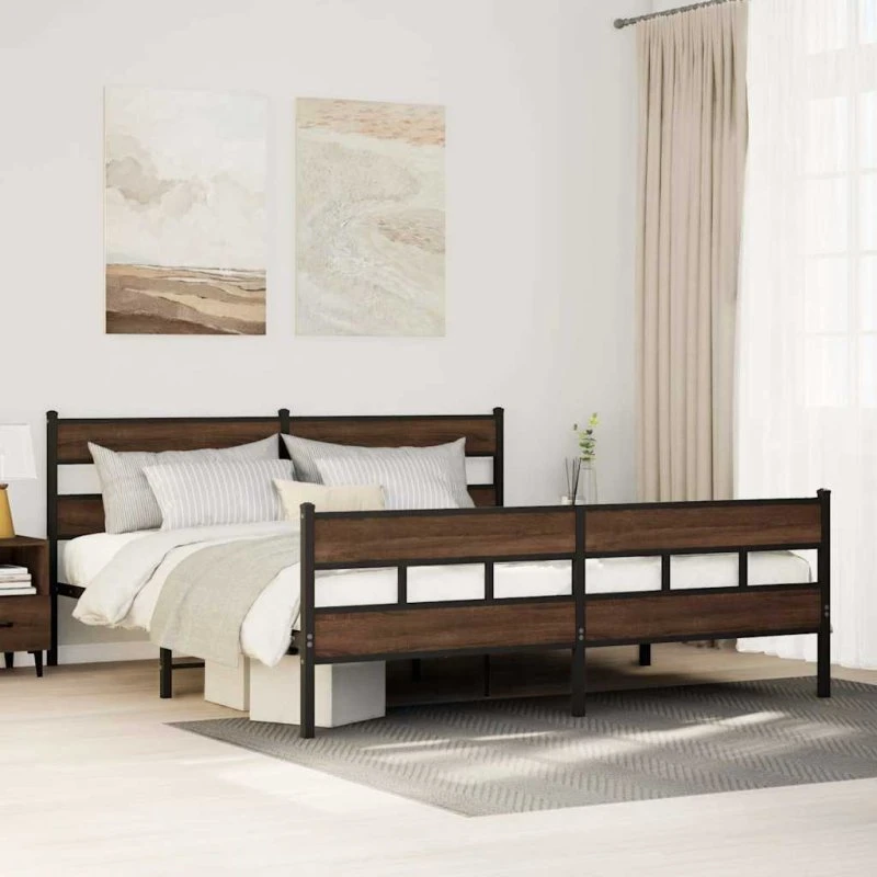 vidaXL Sengeramme 183x213 cm Metal Brun Egetræsfarve med Hoved- og Fodgærde