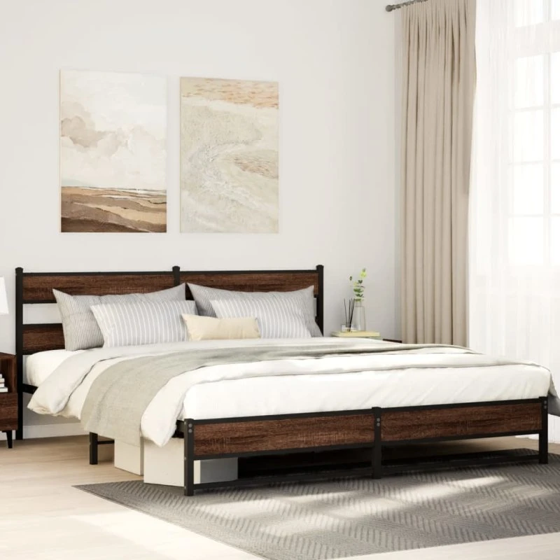 vidaXL Sengeramme 183x213 cm Metal Brun Egetræsfarve