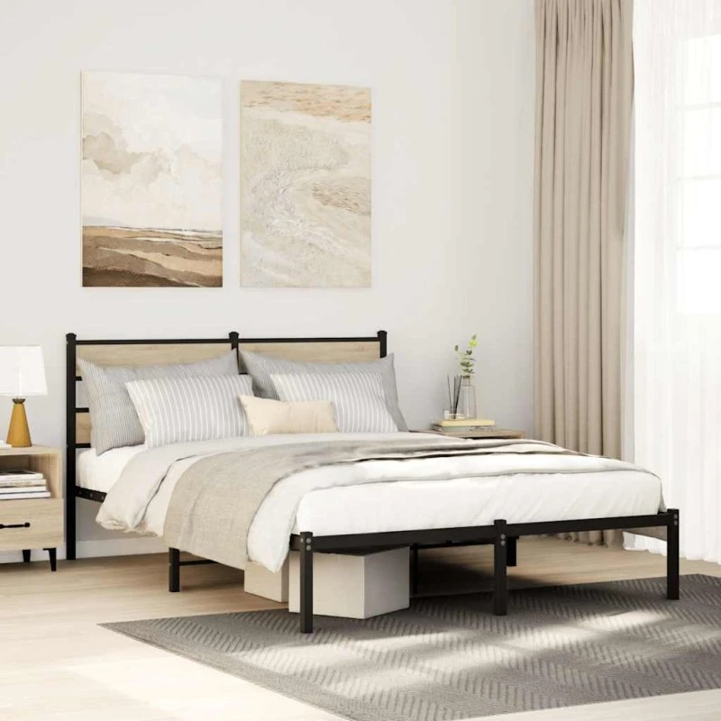 vidaXL Sengeramme 140x190 cm Metal Sonoma-Eg med Hovedgærde