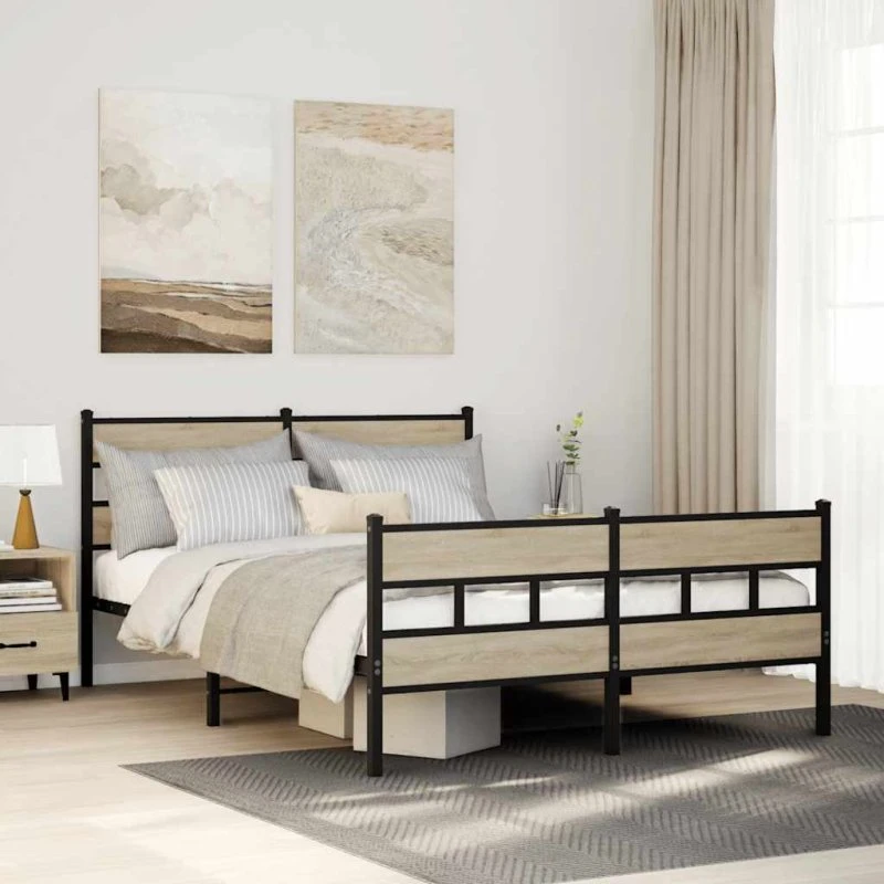 vidaXL Sengeramme 135x190 cm Metal Sonoma-Eg