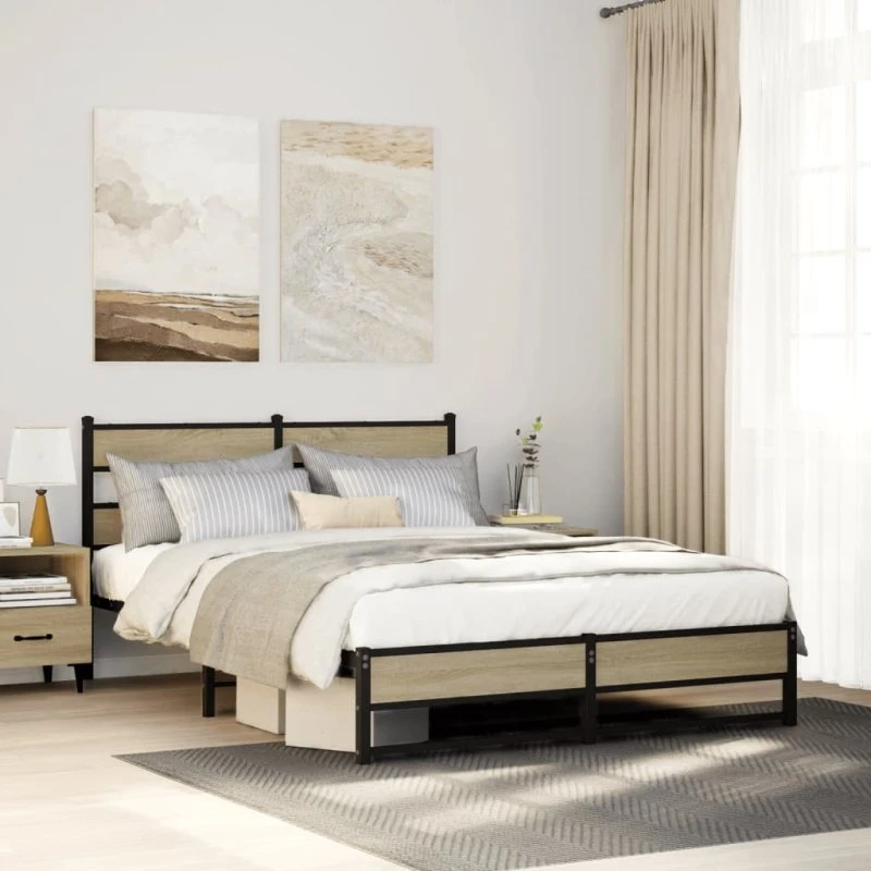vidaXL Sengeramme 135x190 cm Metal Sonoma-Eg