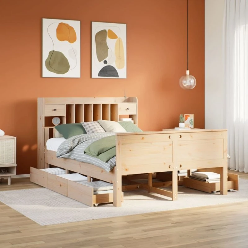 vidaXL Seng med Reol 140x190 cm, Massivt Fyrretræ, Naturfarvet