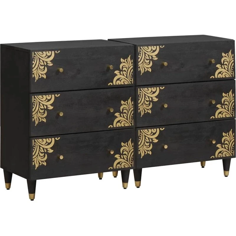 vidaXL Sideboard med hylde 2 stk, Sort, 60 x 33 x 75 cm, massivt mangotræ
