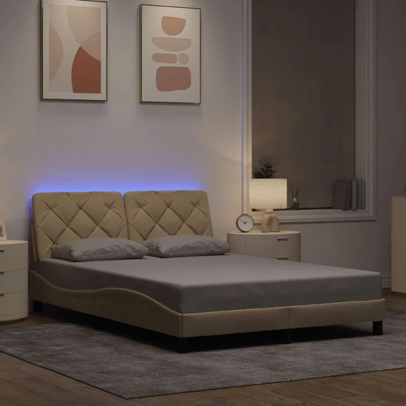 vidaXL Sengeramme med LED 140x200 cm, stof cremefarvet
