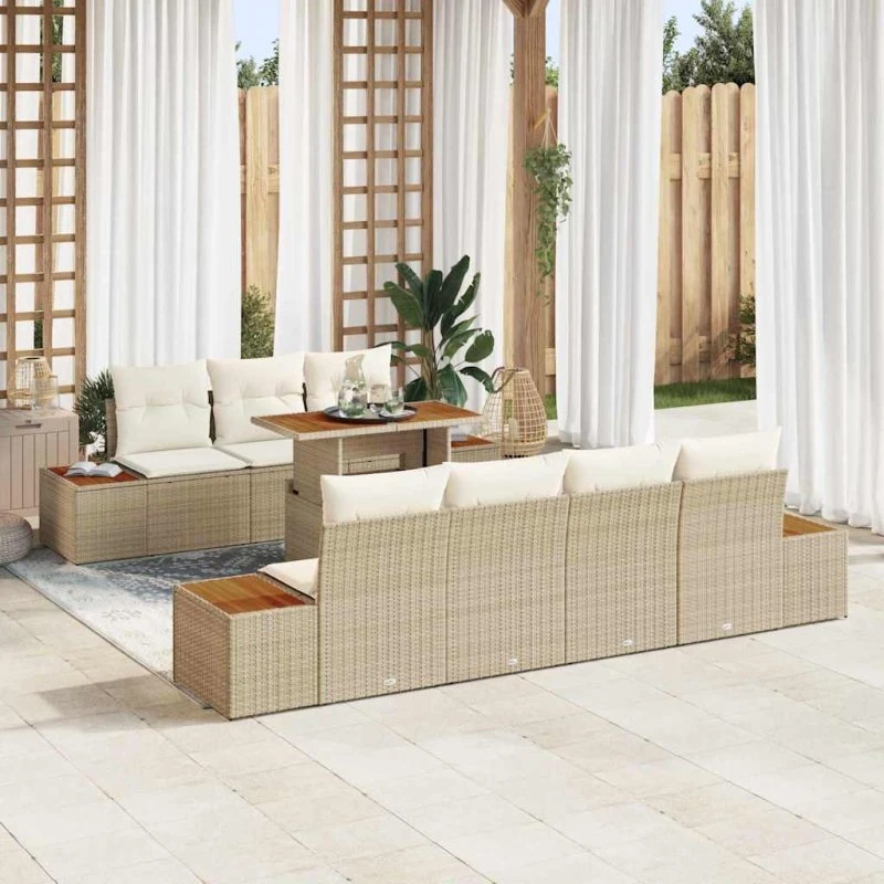 Havesofa Sæt 8 Dele Beige Poly Rattan, Akacie