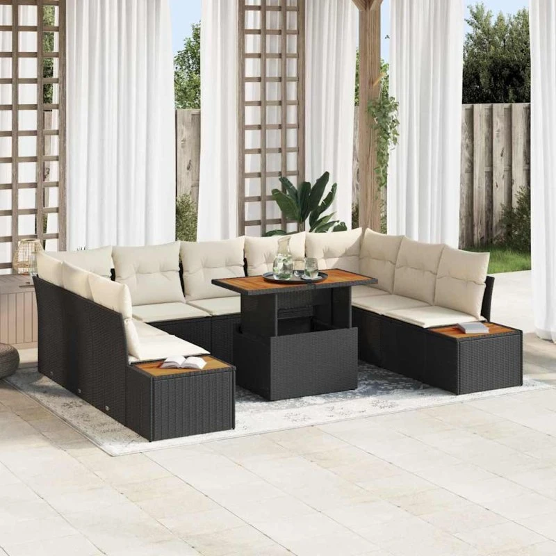 vidaXL Have Spisebordssæt 10 del, Sort og Beige, 100 x 55 x 73 cm