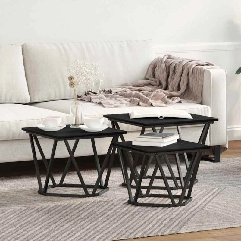 vidaXL Sofabord 3 stk, Sort, 50 x 50 x 40 cm, Ingeniørtræ og stål