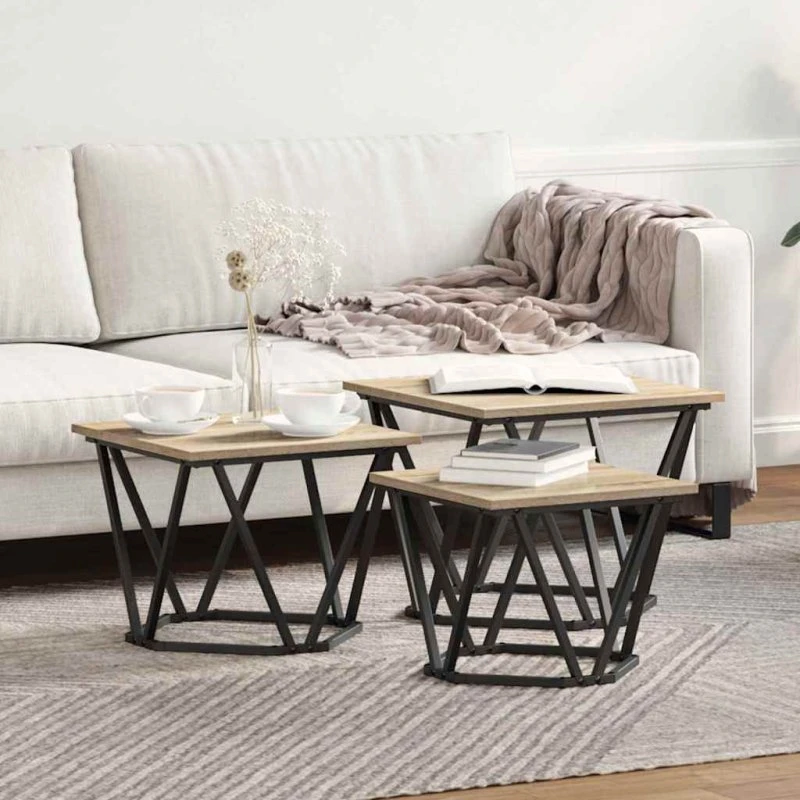 vidaXL Sofabord 3 stk 50x50x40 cm Sonoma-eg Ingeniørtræ og stål