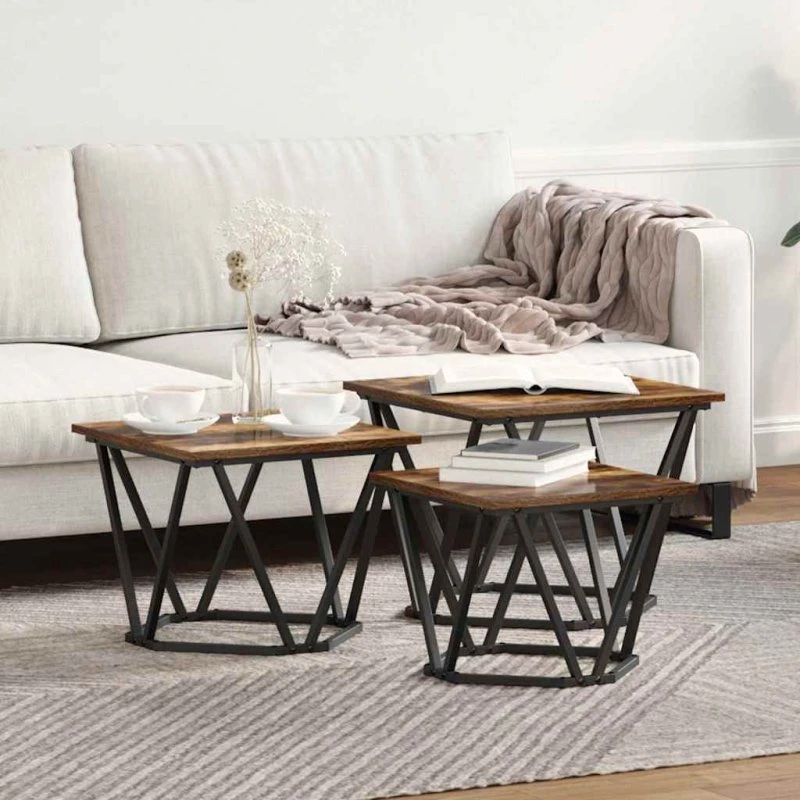 vidaXL Sofabord 3 stk Røget Eg 50x50x40 cm Ingeniørtræ og Stål