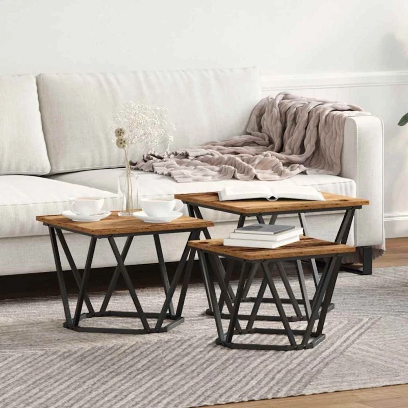 vidaXL Sofabord 3 stk, 50 x 50 x 40 cm, gammelt træ & stål