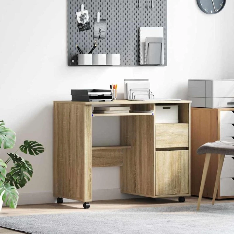 vidaXL Skrivebord med Hjul Sonoma-eg 91 x 50 x 77 cm Konstrueret Træ
