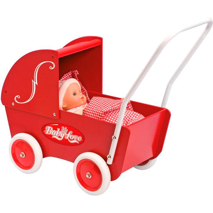 MY BABY Rød trædukkevogn til dukker 20–33 cm, 47x52x24 cm