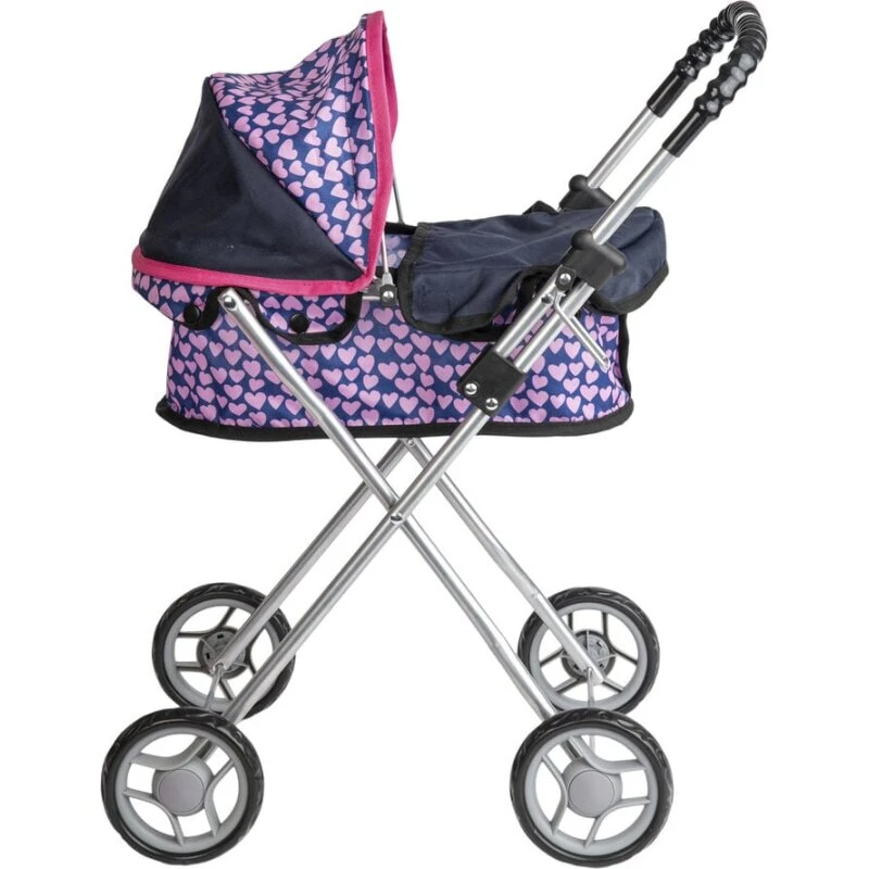 Baby Love dukkevogn til 30–43 cm dukker, mørkeblå med lyserøde hjerter