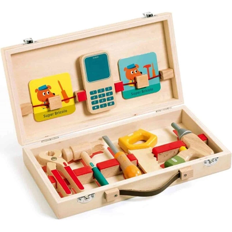 Djeco Værktøjskuffert i træ med 5 værktøjer og opgavekort