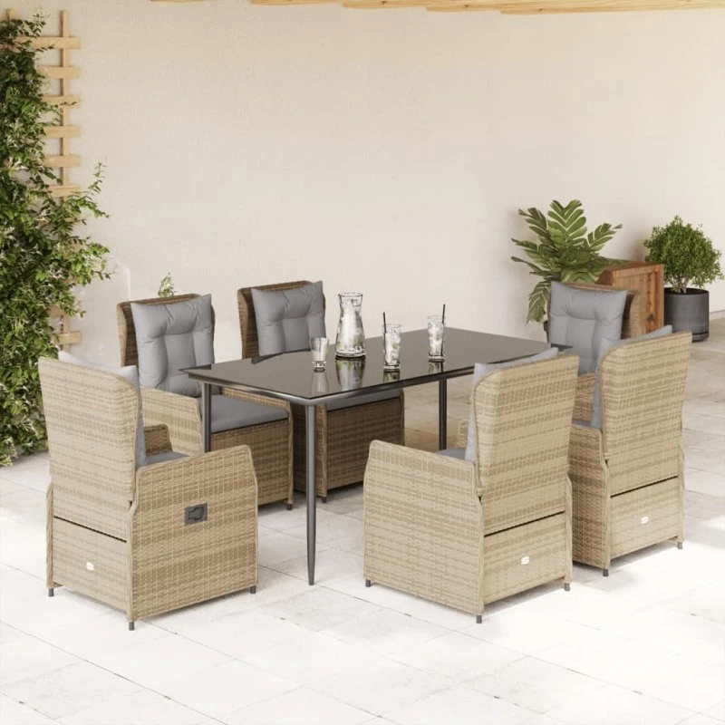 vidaXL 7-delssæt polyrattan beige med justerbart ryglæn