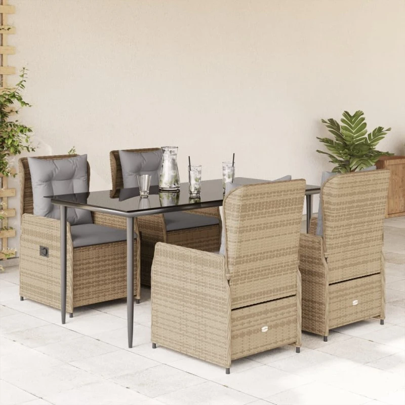 vidaXL 5-deligt spisebordssæt med hynder i polyrattan, beige, 160 x 80 x 74 cm