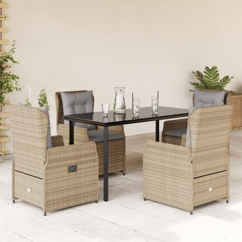 vidaXL 5-deligt spisebordssæt med hynder i polyrattan, beige, 140 x 70 x 74 cm