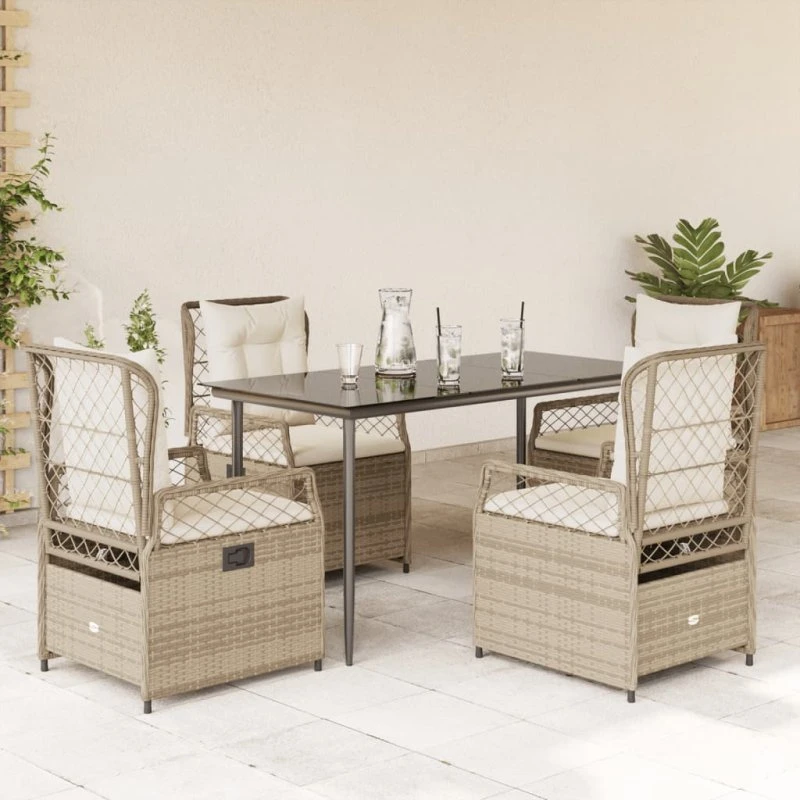 vidaXL 5-deligt spisebordssæt med hynder i polyrattan, beige