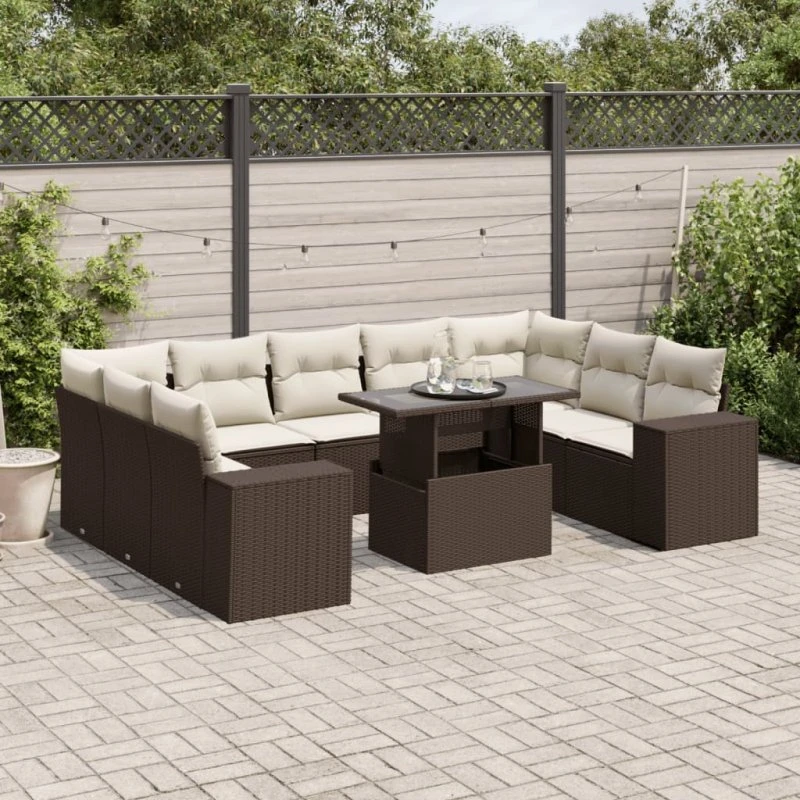 vidaXL 10-delssofasæt med hynder polyrattan brun