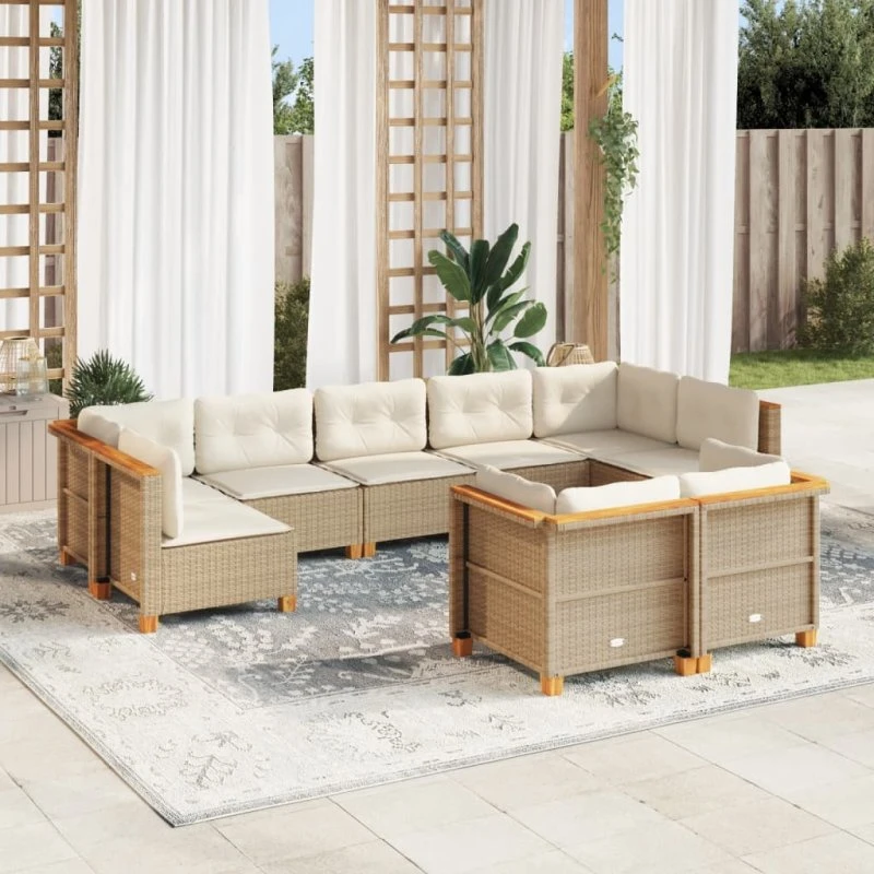 vidaXL 9-deligt havemøbelsæt med hynder i polyrattan, beige