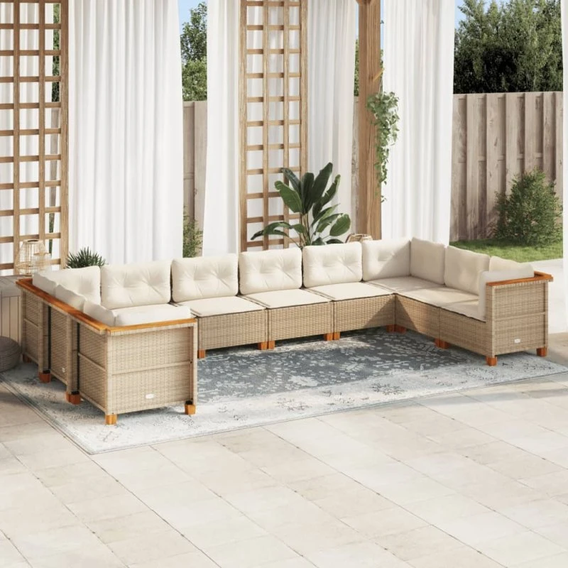 vidaXL 10-deles havemøbelssæt med polyrattan og hynder, beige