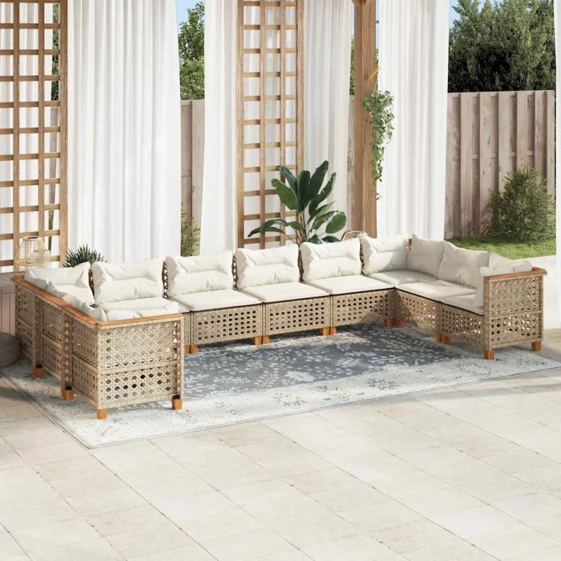 vidaXL 10-delssofasæt med hynder i polyrattan beige