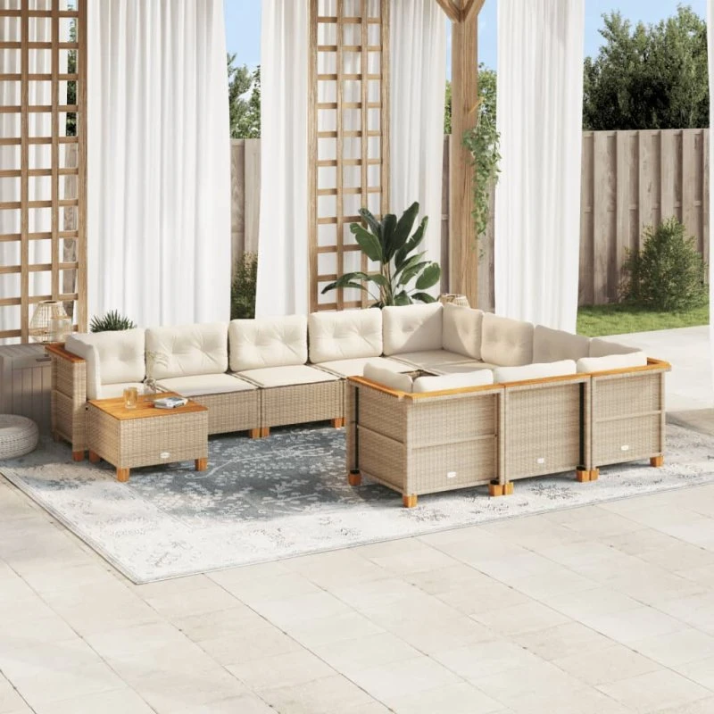 vidaXL 11-deles havemøbelssæt med hynder i polyrattan beige