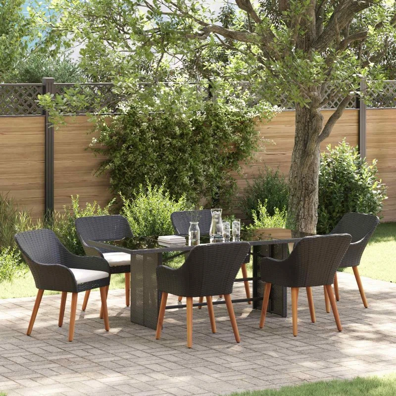 vidaXL Have Spisebordssæt 7 stk Sort polyrattan med pude