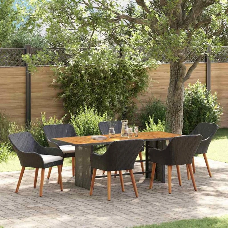 vidaXL Have Spisebordssæt 7 stk Sort polyrattan med pude