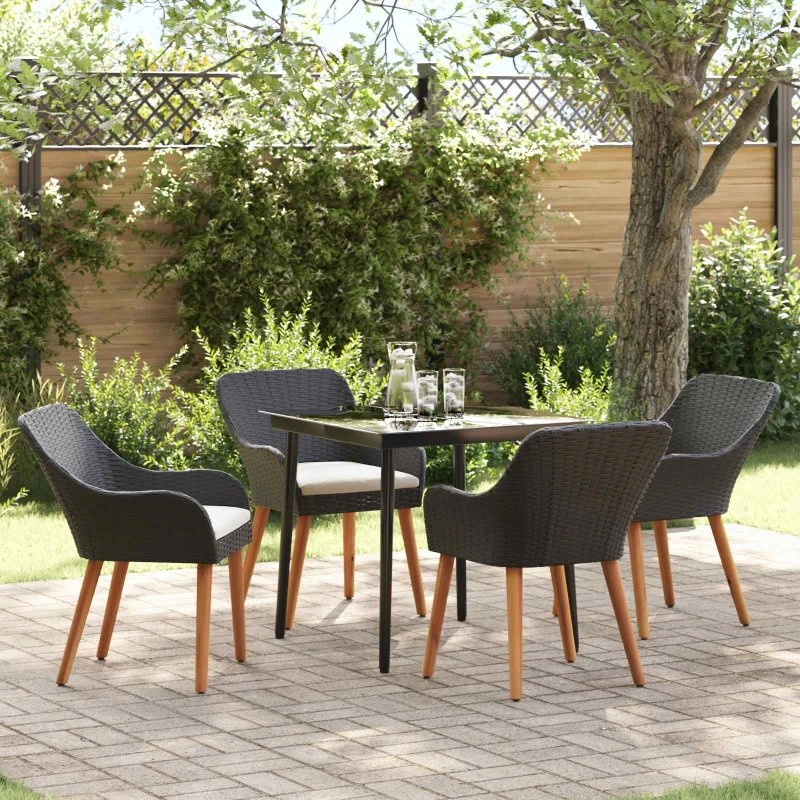 vidaXL Have Spisebordssæt 5-stk med pude, Sort polyrattan
