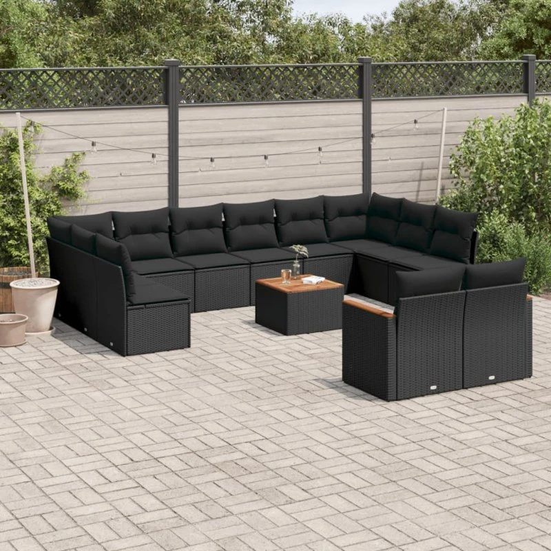 vidaXL 13-delssofasæt med hynder i polyrattan, sort