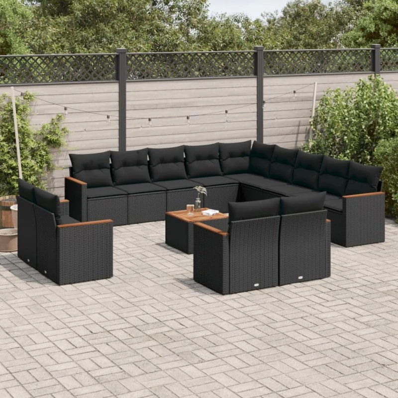 vidaXL 14-delssofasæt med hynder, polyrattan, sort