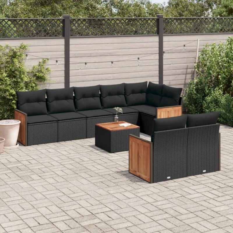 vidaXL 9-delssofasæt med hynder i polyrattan sort