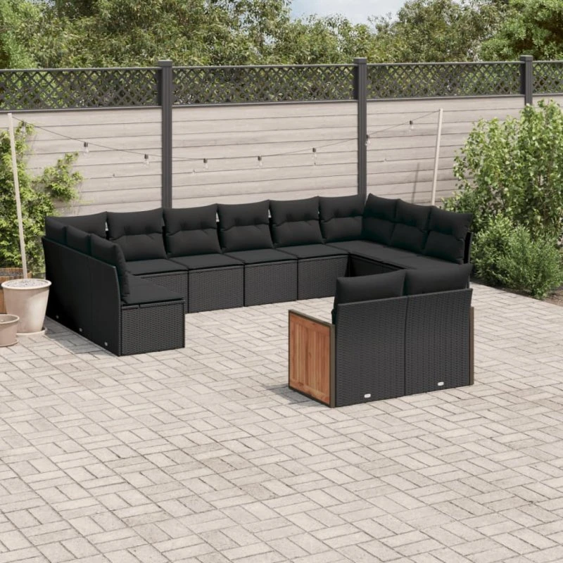 vidaXL 12-delssofasæt med hynder i polyrattan sort