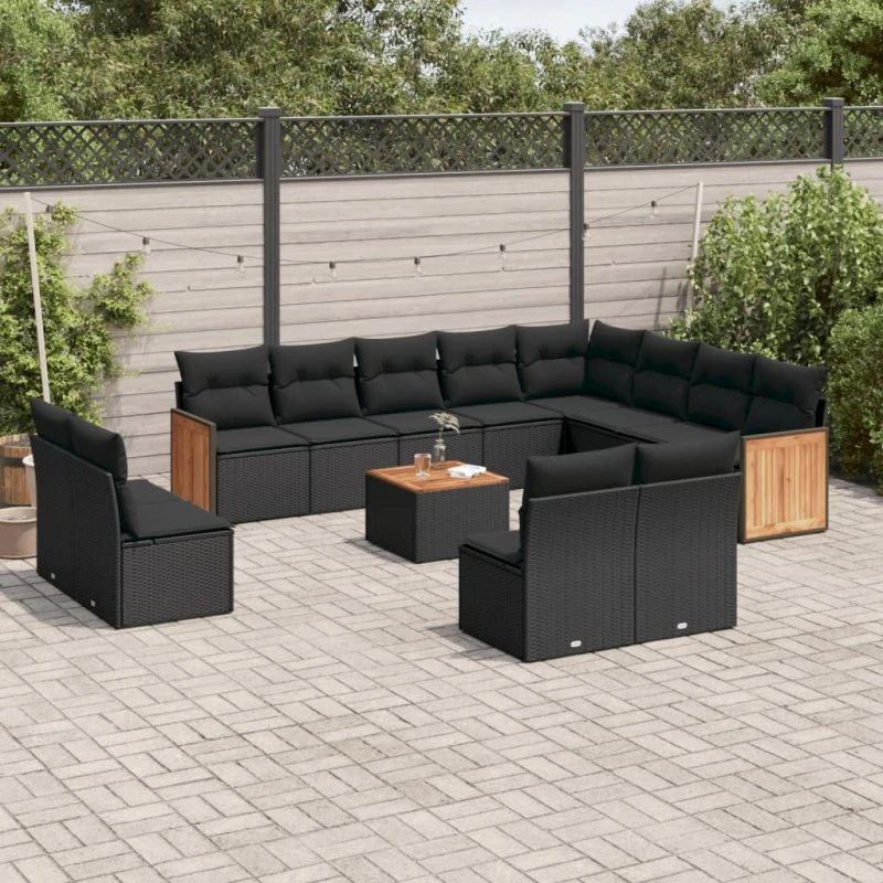 vidaXL 13-delssofasæt med hynder i polyrattan, sort