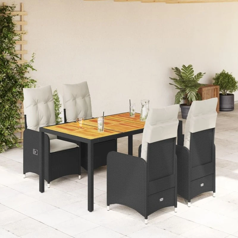 vidaXL Bistrosæt 5 dele med hynder, polyrattan sort