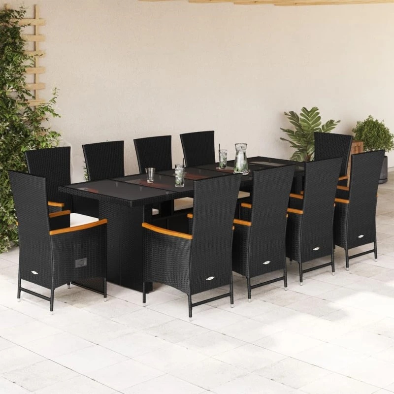 vidaXL 11-delers spisebordssæt med hynder i sort polyrattan