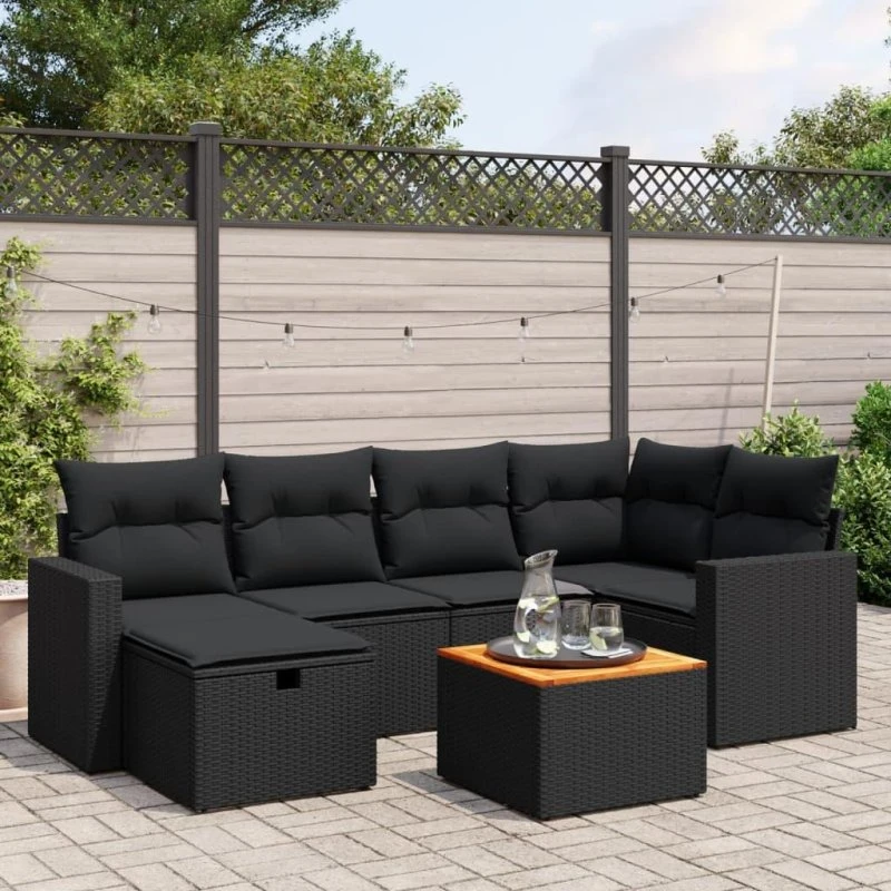 Sofasæt 7 dele polyrattan sort med hynder