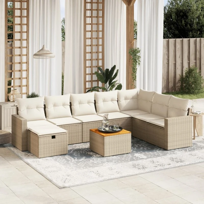 vidaXL 9-deligt havemøbelssæt med polyrattan, beige