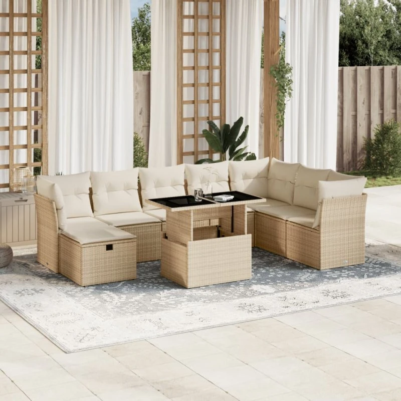vidaXL 9-dels havemøbelssæt med hynder i polyrattan beige