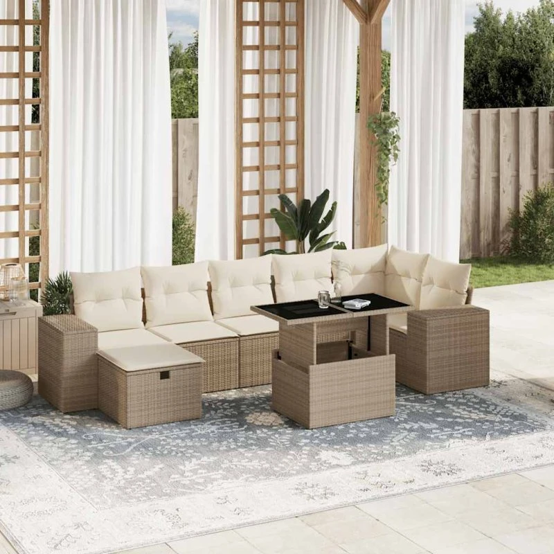 vidaXL 8-deles polyrattan sofasæt beige med hynder
